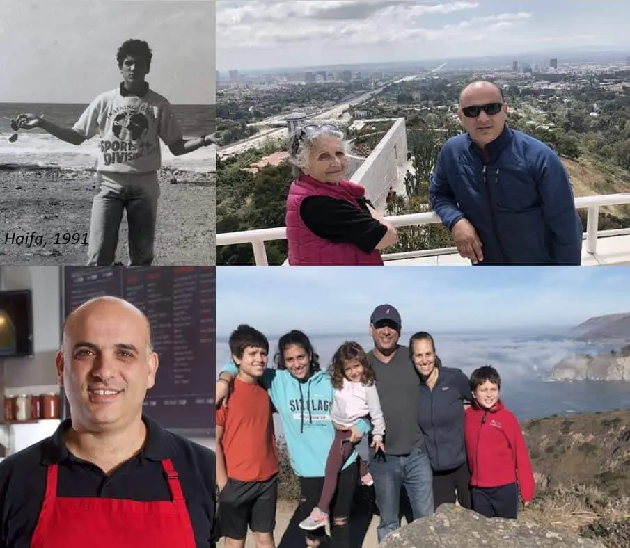 Chef Avi in the kitchen, with his mother, and with his family on the California coast
